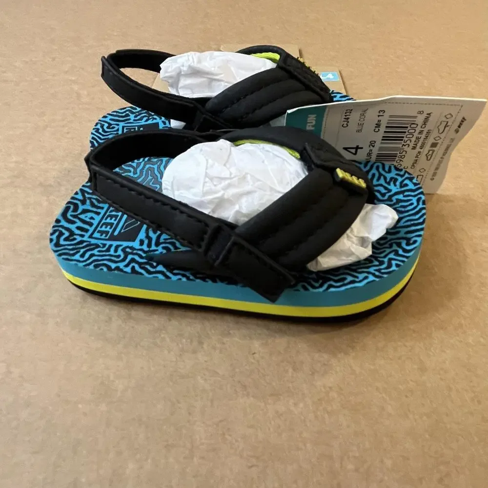 Reef Shoes Toddler Size 4 Black Blue Little Ahi Back Strap Flip Flop Sandals